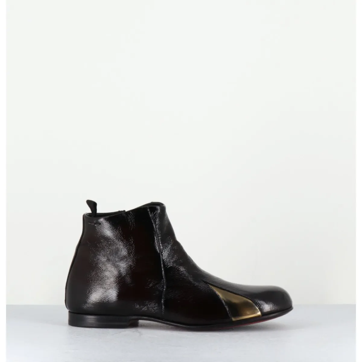 Boots^HOTTO Boots plates en cuir vernis souple & doré - 60464 MORO LAMIN ORO MARRON