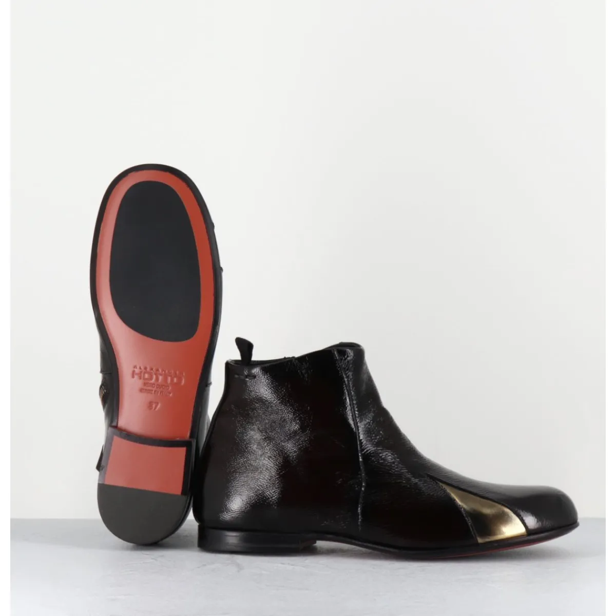 Boots^HOTTO Boots plates en cuir vernis souple & doré - 60464 MORO LAMIN ORO MARRON