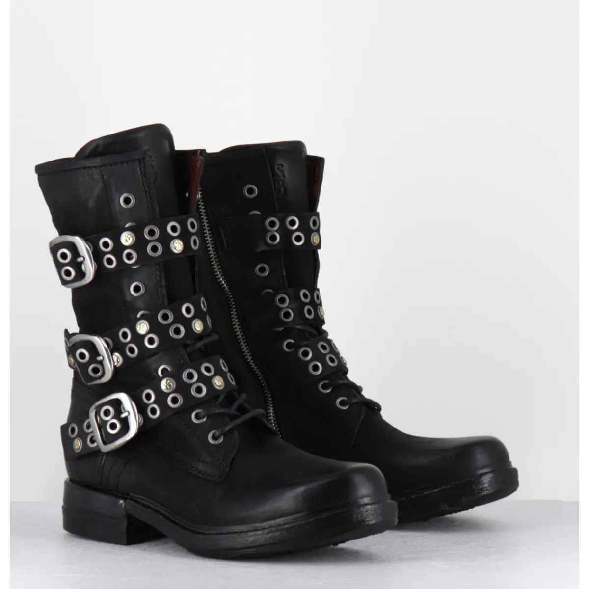 Boots | Bikers^A.S.98 Boots rangers à lacets en cuir sangles cloutées - B80204 NERO NOIR