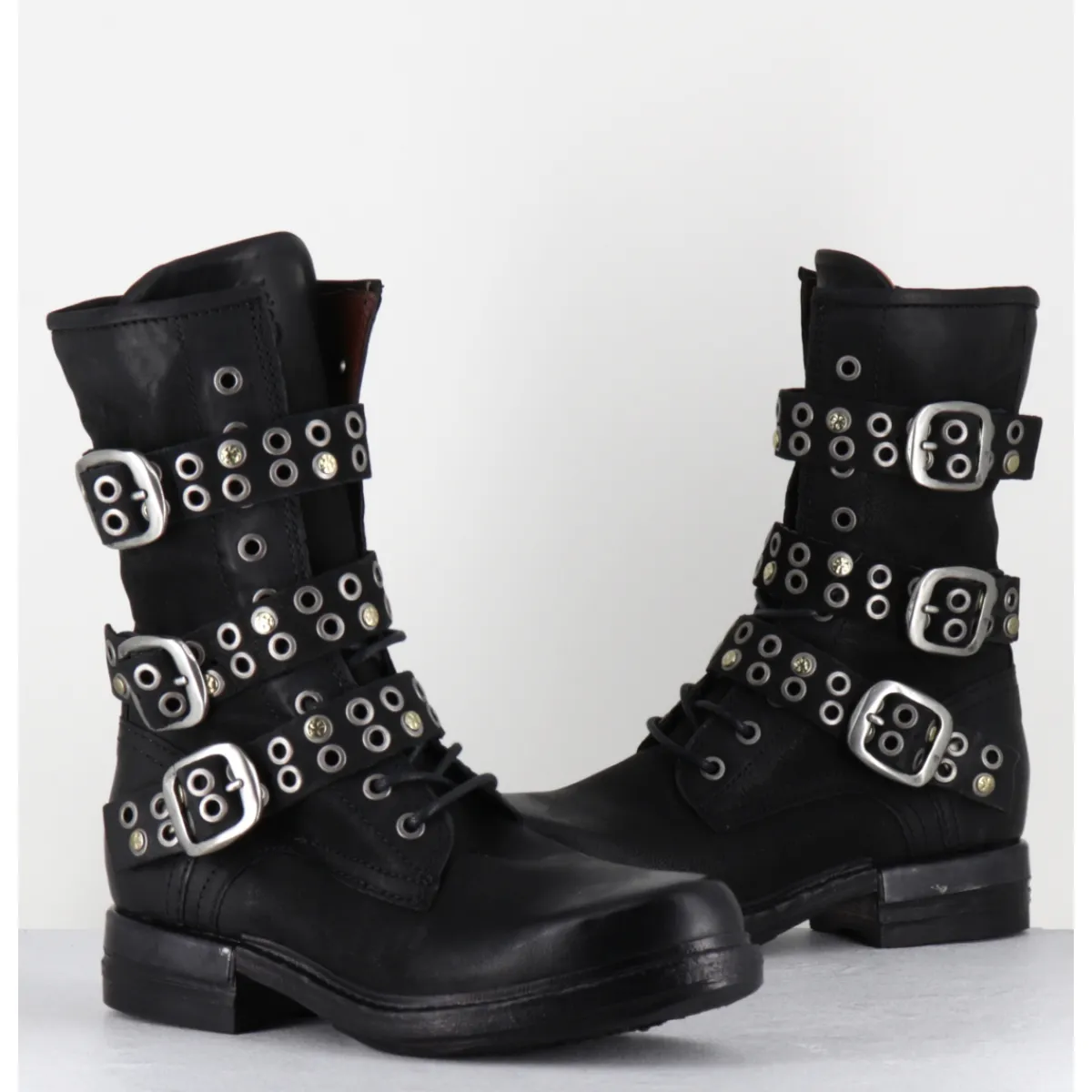 Boots | Bikers^A.S.98 Boots rangers à lacets en cuir sangles cloutées - B80204 NERO NOIR