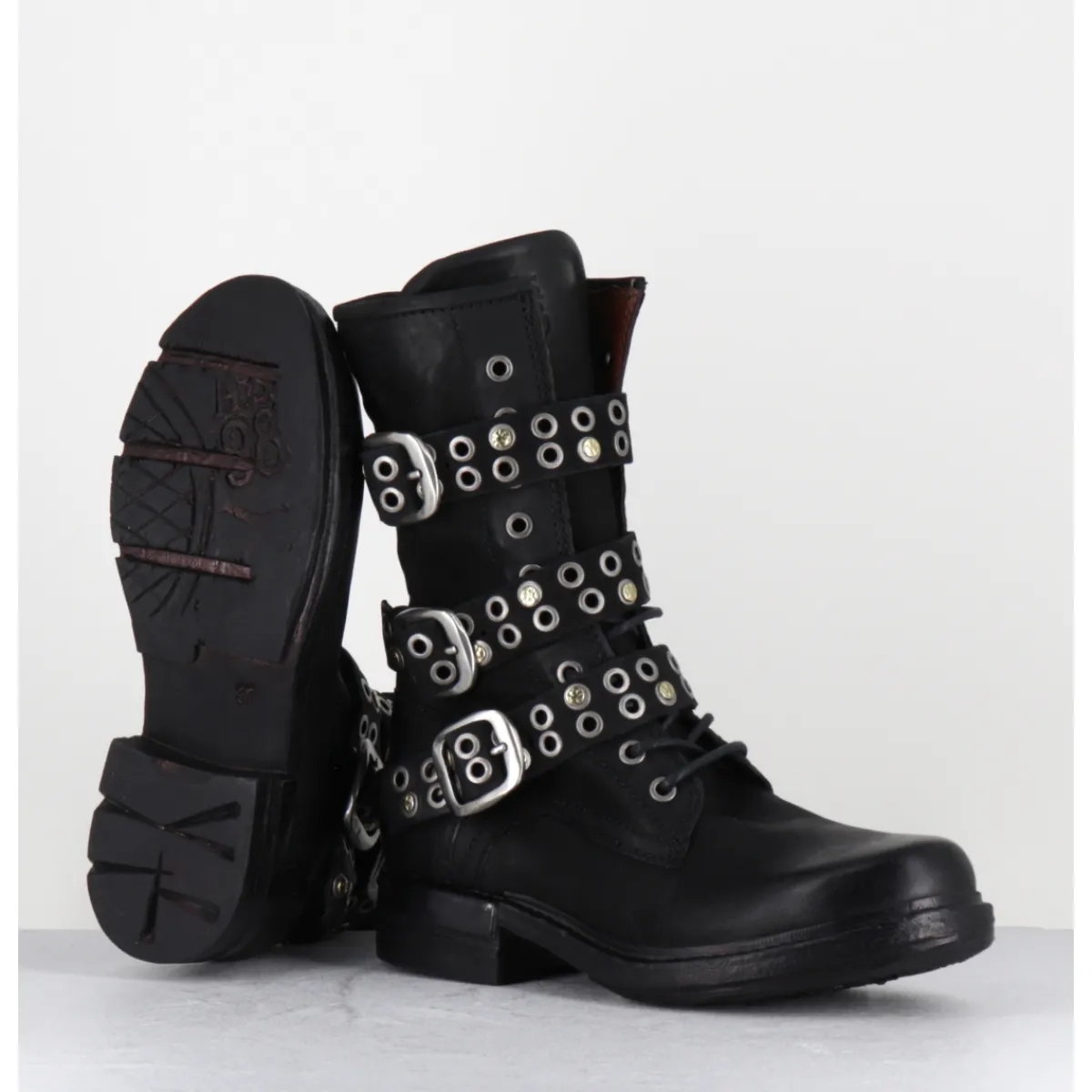 Boots | Bikers^A.S.98 Boots rangers à lacets en cuir sangles cloutées - B80204 NERO NOIR