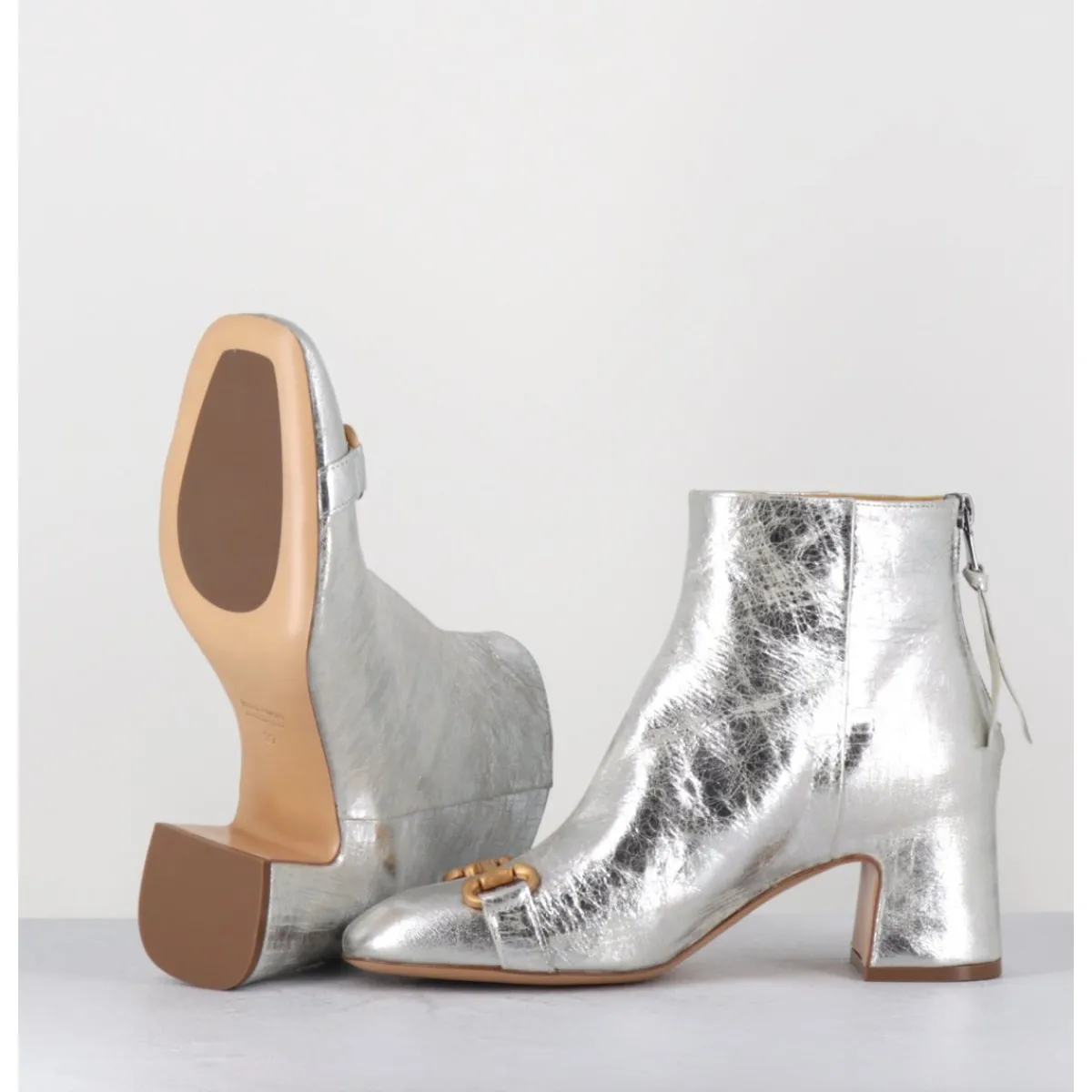 Boots^MARA BINI Boots 70s petit talon en cuir vieilli - Q199 VINTAGE SILVER ARGENT