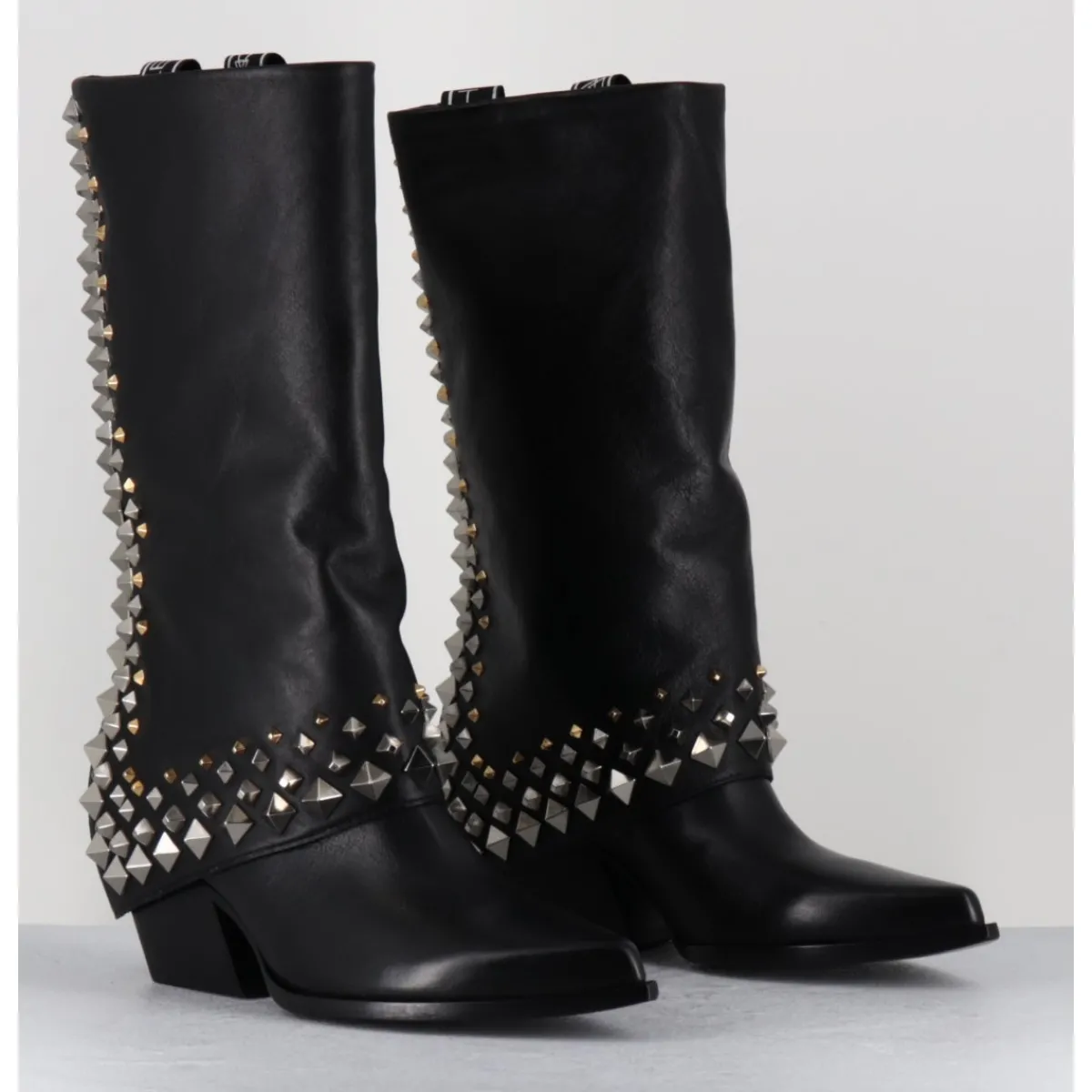 Boots | Santiags^ELENA IACHI Boots santiags à guêtre en cuir & clous - E3711 NATURE NERO NOIR