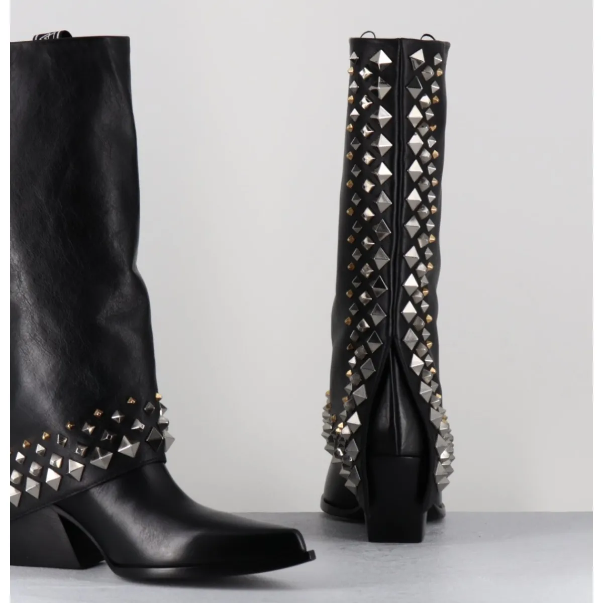 Boots | Santiags^ELENA IACHI Boots santiags à guêtre en cuir & clous - E3711 NATURE NERO NOIR
