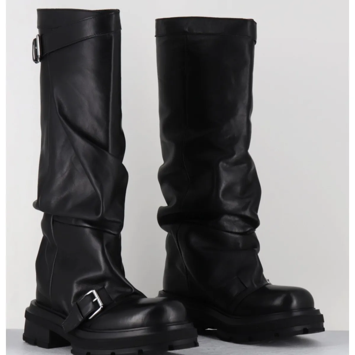Bottes^ELENA IACHI Bottes en cuir à tige large & boucles - E4010-L NATURE NERO NOIR