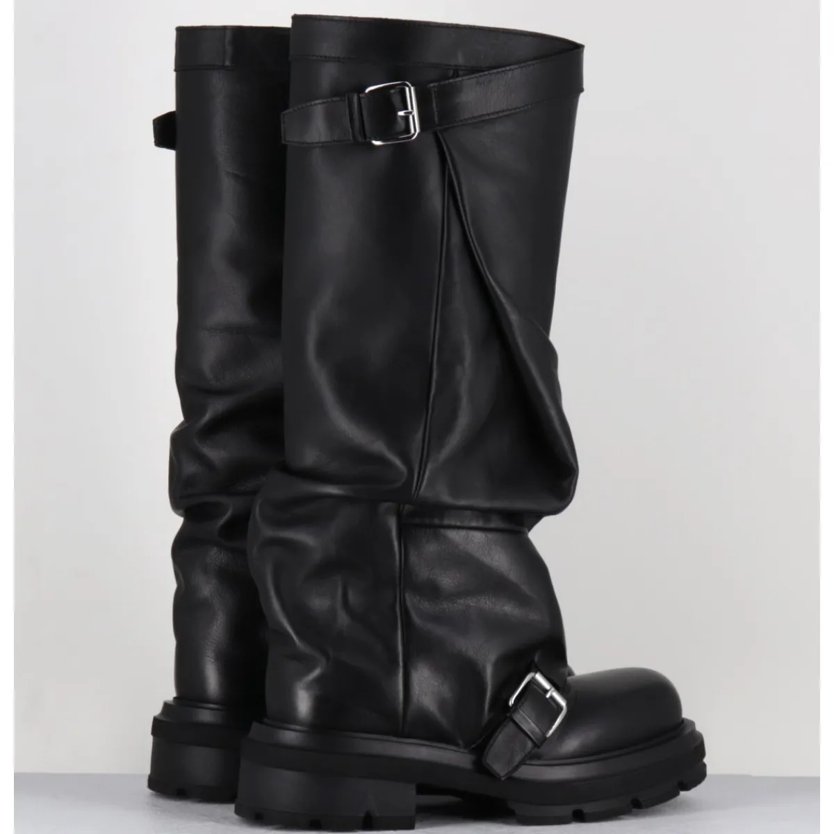 Bottes^ELENA IACHI Bottes en cuir à tige large & boucles - E4010-L NATURE NERO NOIR
