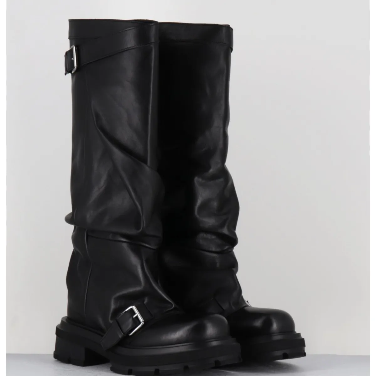 Bottes^ELENA IACHI Bottes en cuir à tige large & boucles - E4010-L NATURE NERO NOIR