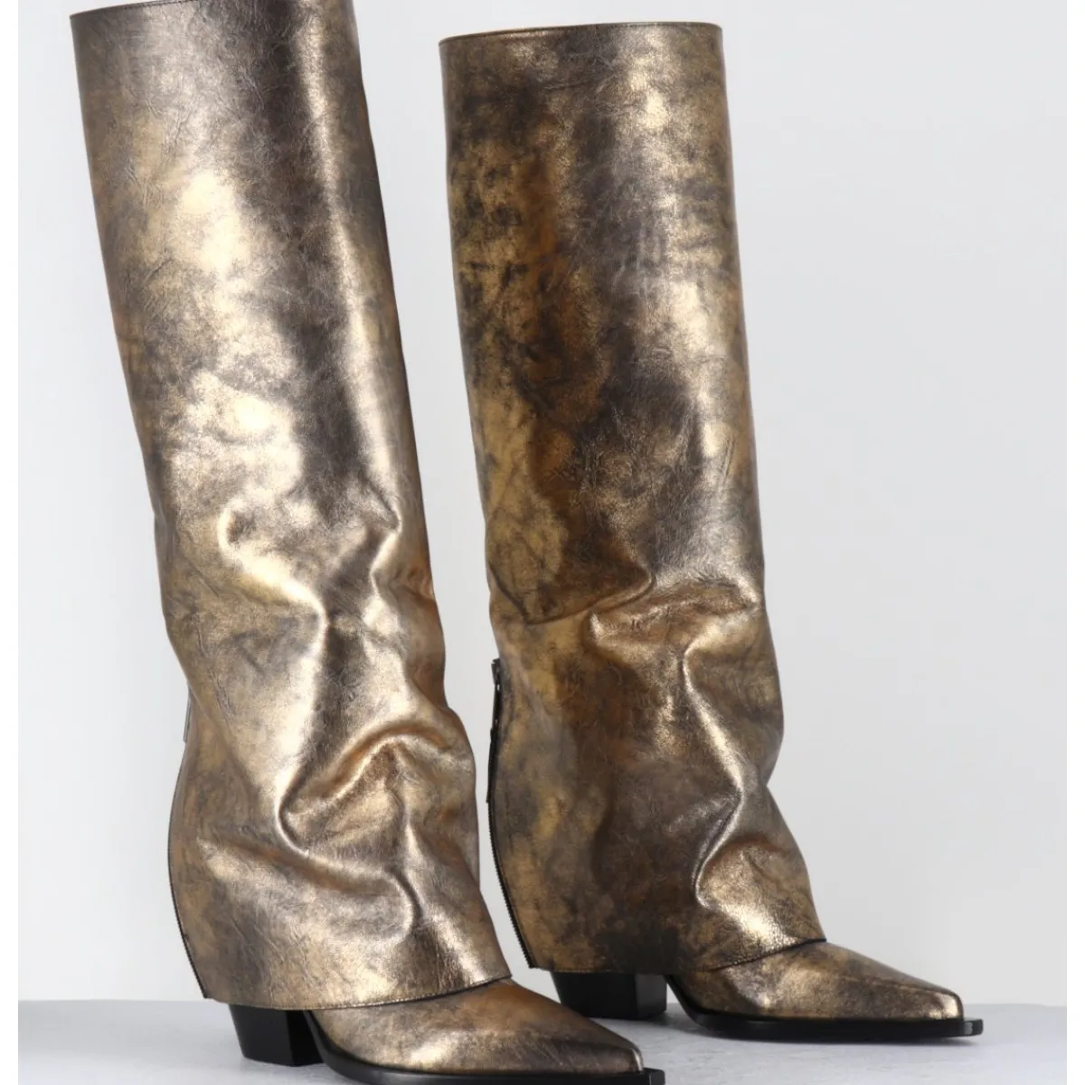 Bottes | Santiags^ELENA IACHI Bottes santiag à guêtre en cuir doré patiné noir - E3868 MISTER ORO DORE