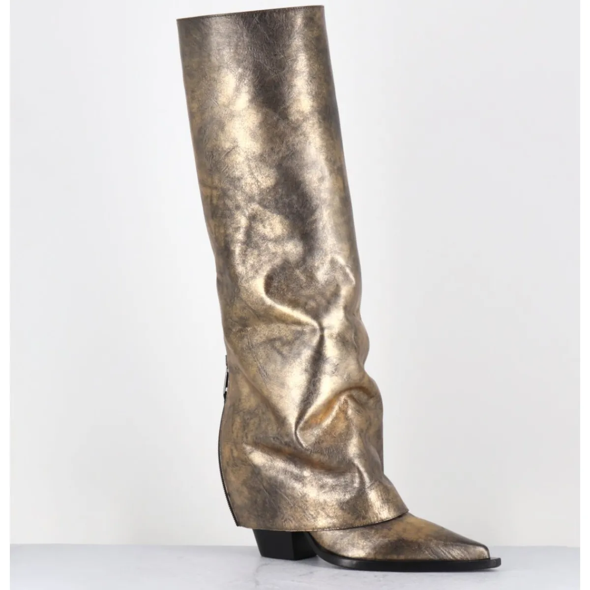 Bottes | Santiags^ELENA IACHI Bottes santiag à guêtre en cuir doré patiné noir - E3868 MISTER ORO DORE