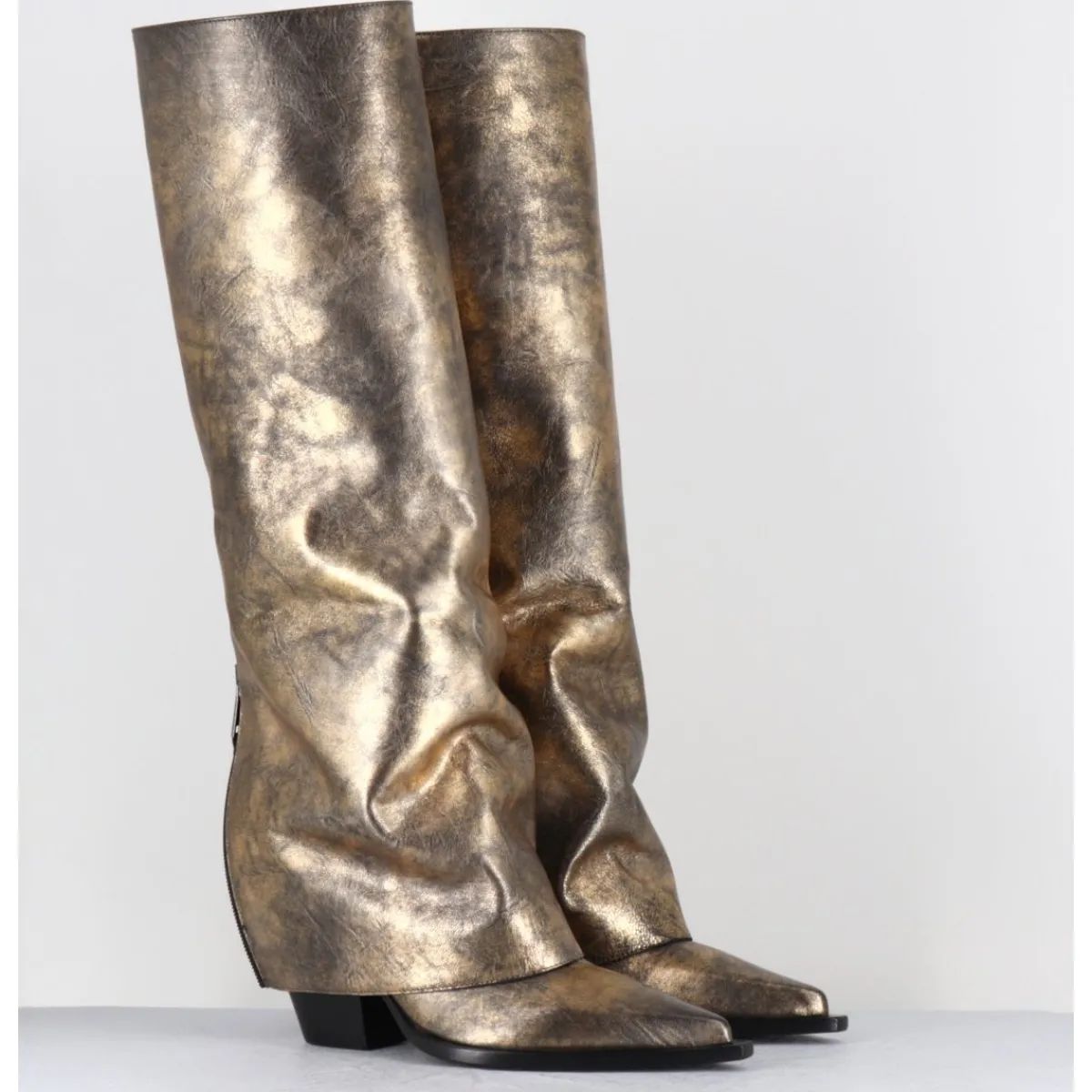 Bottes | Santiags^ELENA IACHI Bottes santiag à guêtre en cuir doré patiné noir - E3868 MISTER ORO DORE