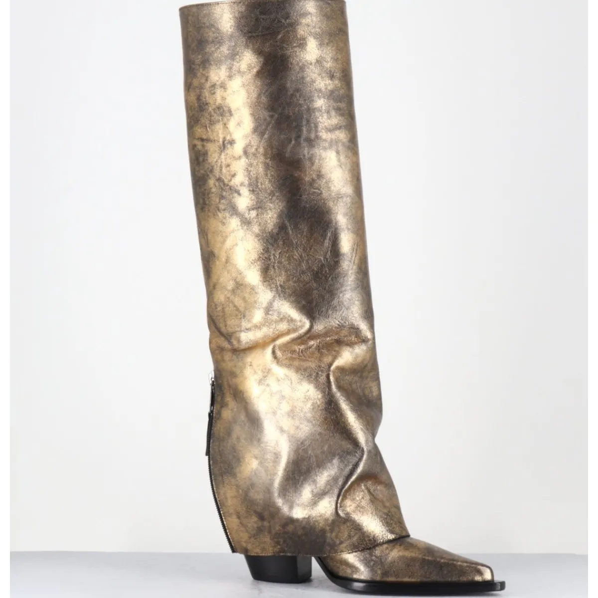 Bottes | Santiags^ELENA IACHI Bottes santiag à guêtre en cuir doré patiné noir - E3868 MISTER ORO DORE
