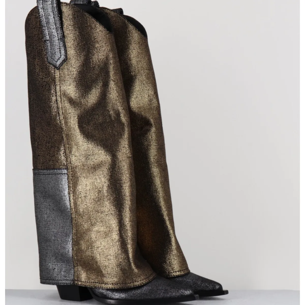 Bottes | Santiags^ELENA IACHI Bottes santiag jean laminé bronze & argent -E3869-T RIC SILVER GOLD
