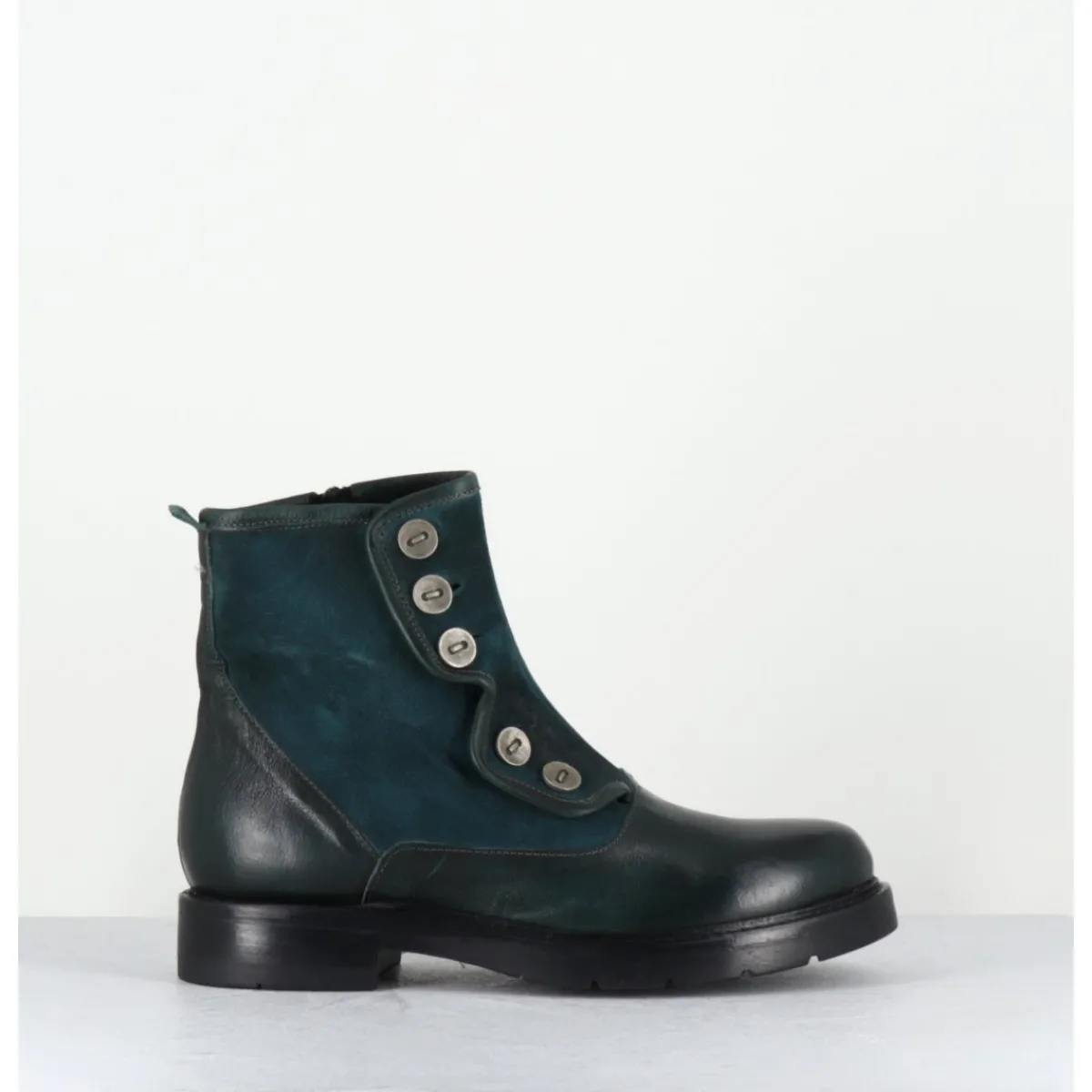Boots^GARRICE LAB Bottines plates à boutons en cuir vert & - LACO CARLY PETROLIO BLEU