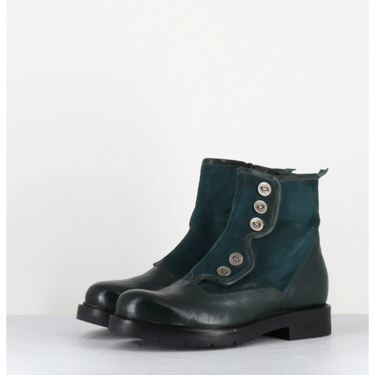 Boots^GARRICE LAB Bottines plates à boutons en cuir vert & - LACO CARLY PETROLIO BLEU