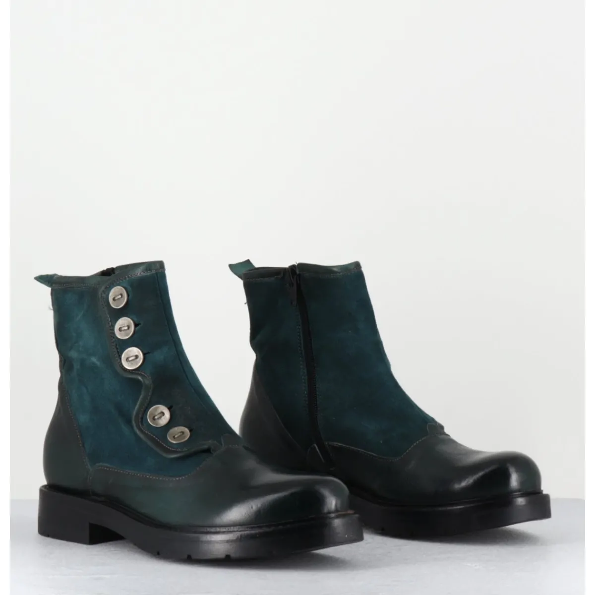 Boots^GARRICE LAB Bottines plates à boutons en cuir vert & - LACO CARLY PETROLIO BLEU
