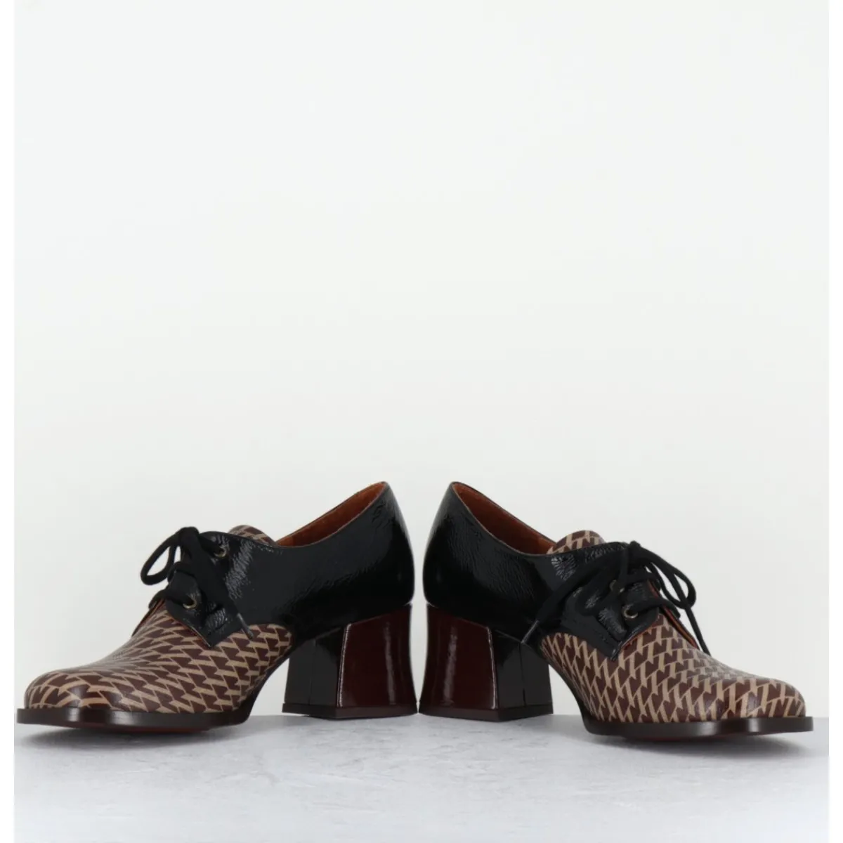 Chaussures^CHIE MIHARA Chaussures à lacets en cuir imprimé pied-de-poule petit talon - TACAO GALLO TESTA