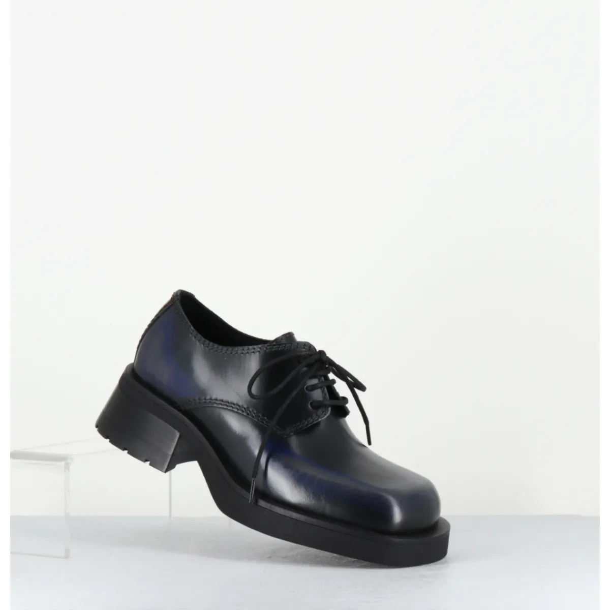 Chaussures^E8 BY MIISTA Chaussures à lacets en cuir noir bleu gris brossé bout carré - ALTHEA BLACK GREY BLUE