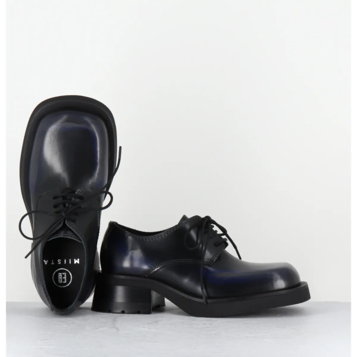 Chaussures^E8 BY MIISTA Chaussures à lacets en cuir noir bleu gris brossé bout carré - ALTHEA BLACK GREY BLUE