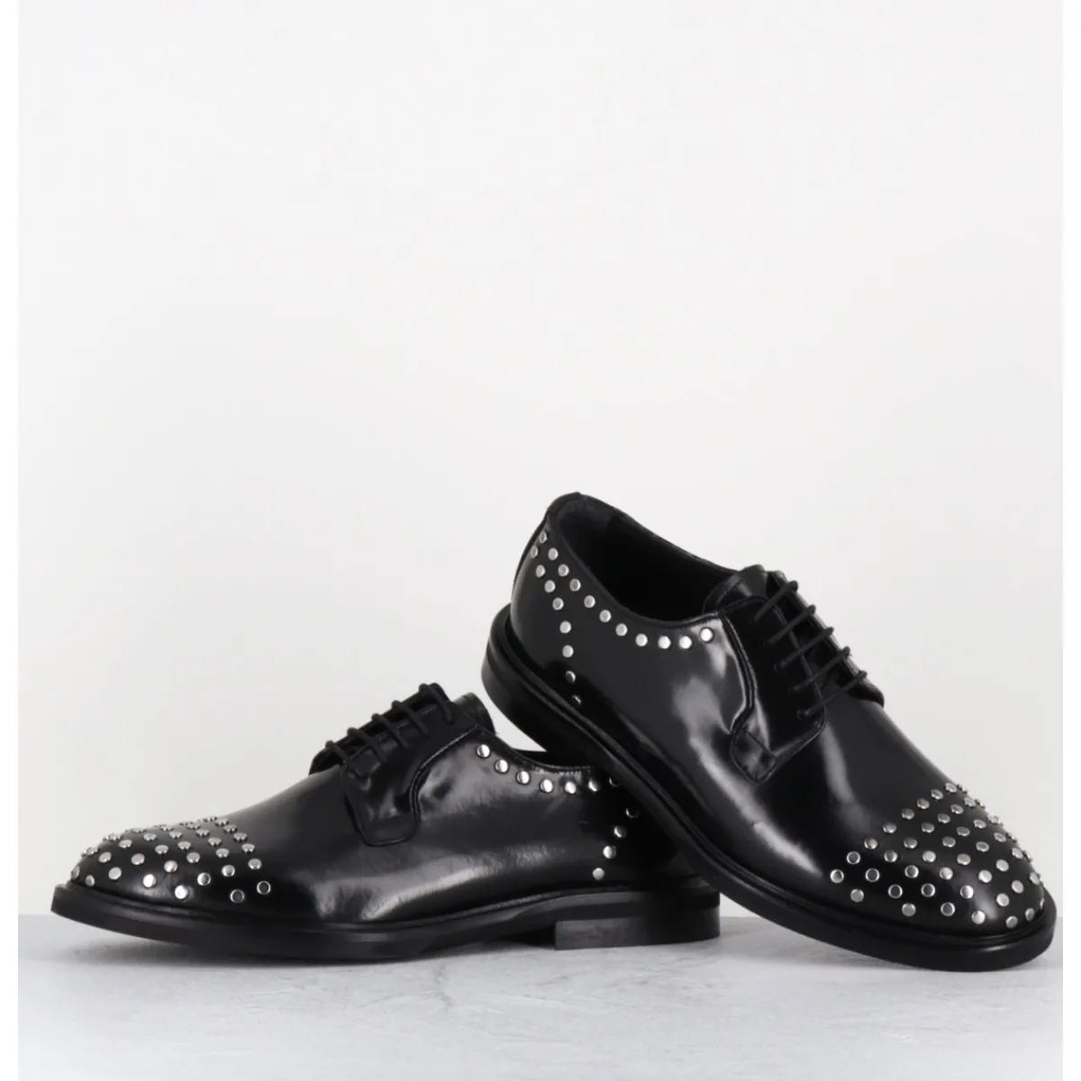 Chaussures^GARRICE LAB Derbies à lacets en cuir glacé rivets argent - NIVE ABRA NERO NOIR