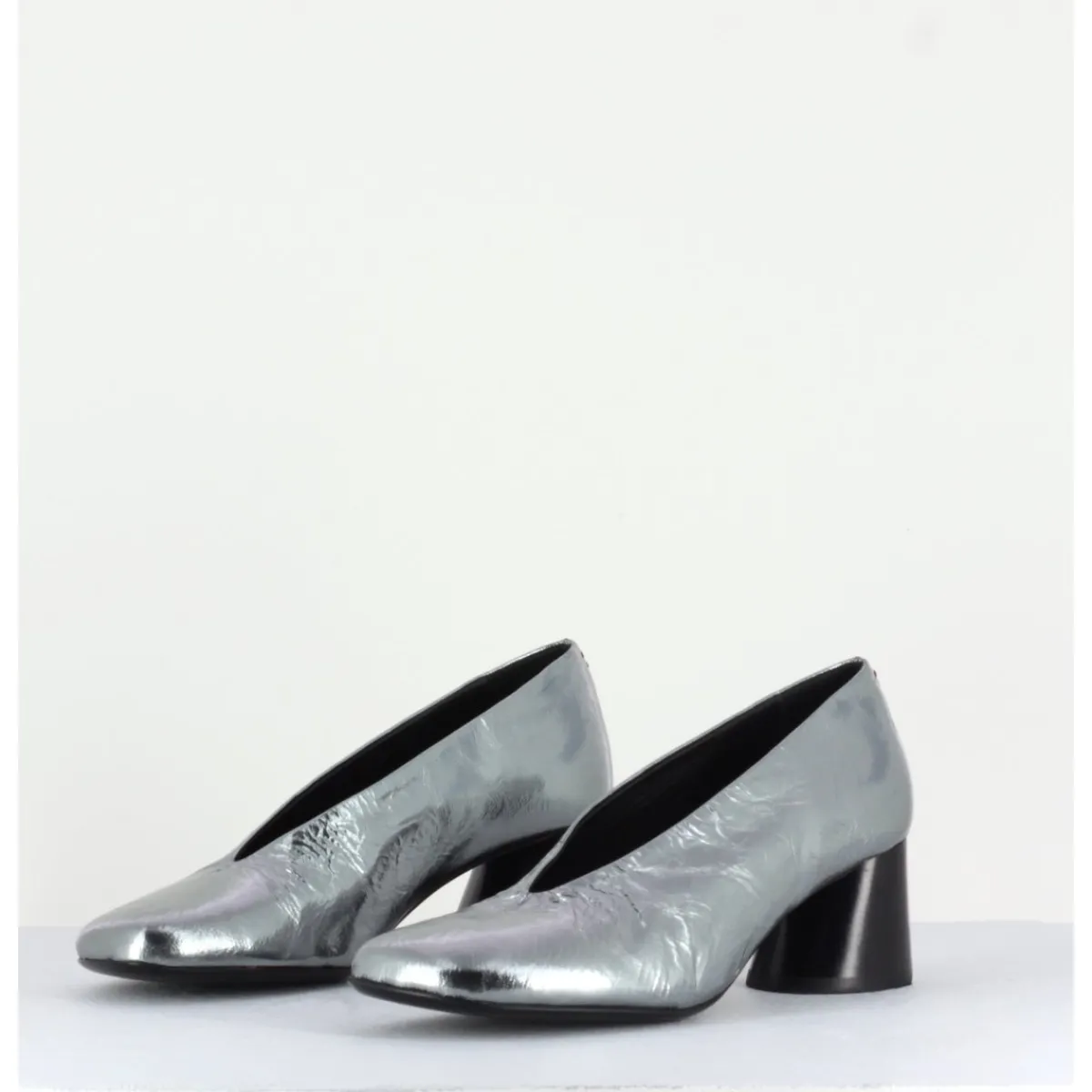 Chaussures^HALMANERA Escarpin en cuir froissé métallisé talon cylindrique - ODILE01 METAL ARGENT