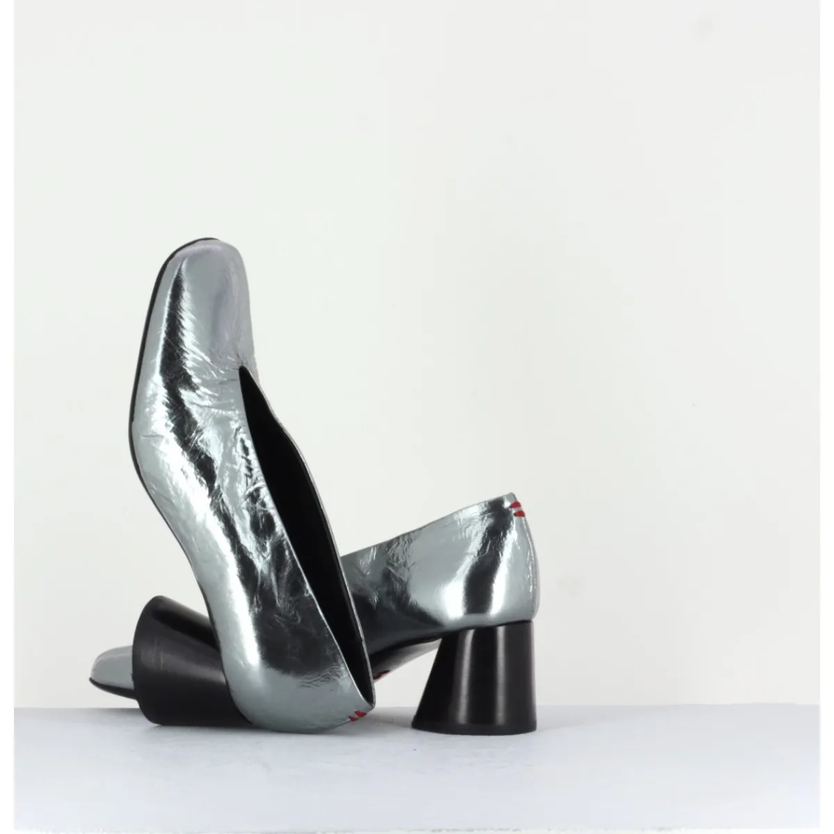 Chaussures^HALMANERA Escarpin en cuir froissé métallisé talon cylindrique - ODILE01 METAL ARGENT