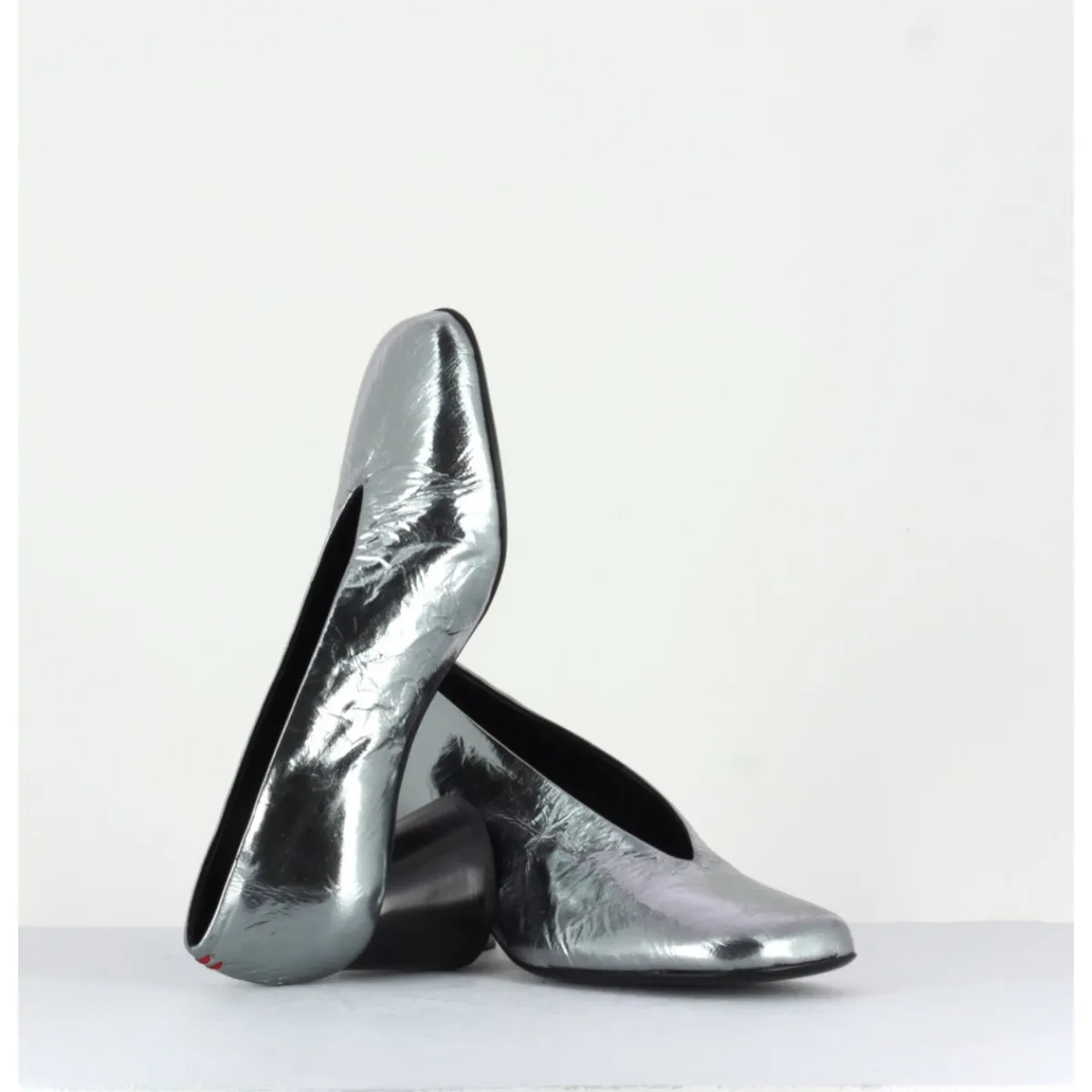 Chaussures^HALMANERA Escarpin en cuir froissé métallisé talon cylindrique - ODILE01 METAL ARGENT