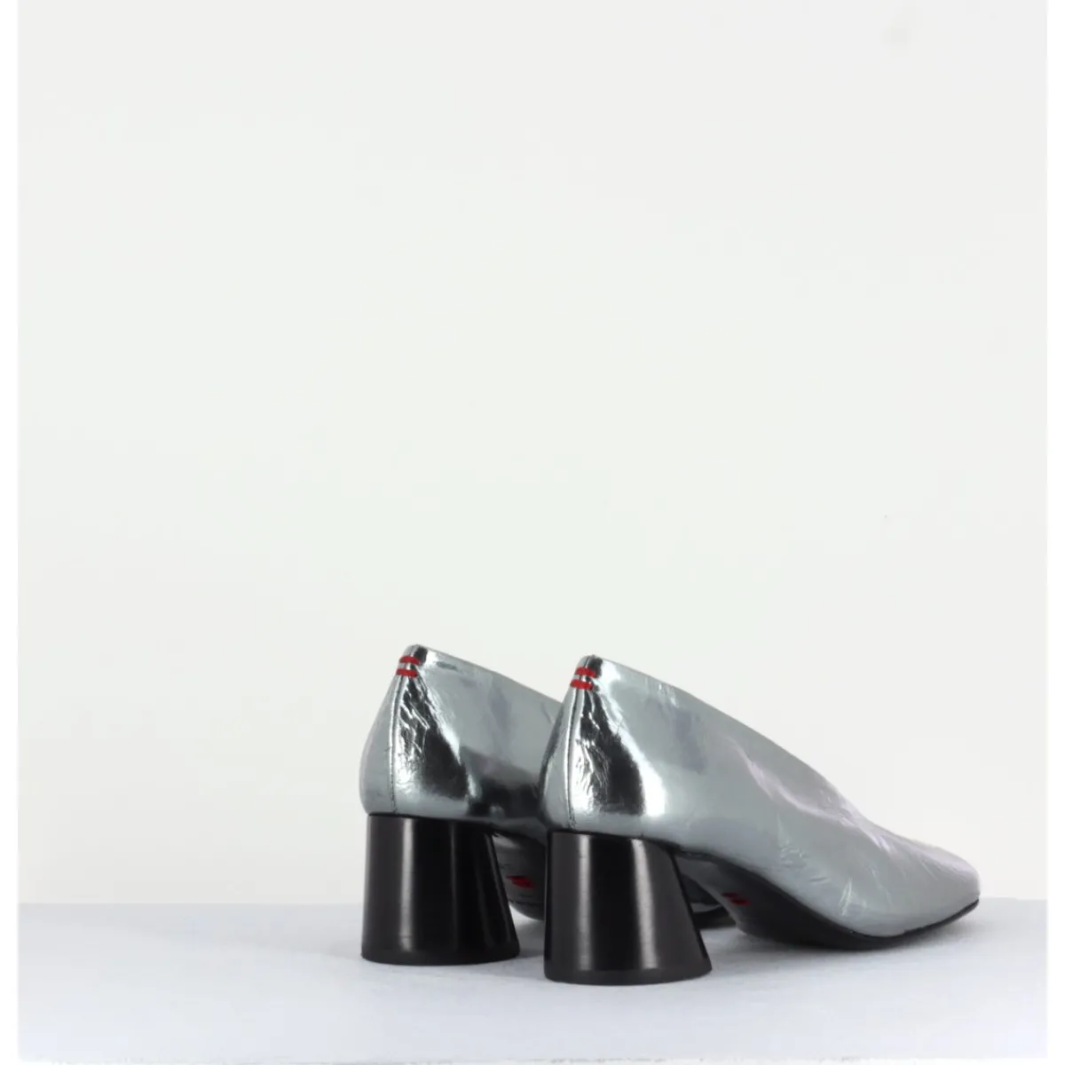 Chaussures^HALMANERA Escarpin en cuir froissé métallisé talon cylindrique - ODILE01 METAL ARGENT