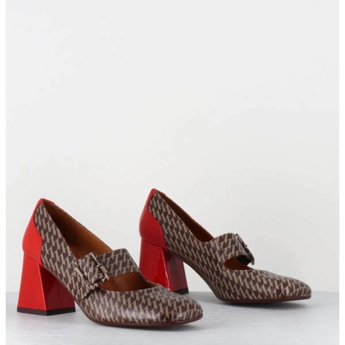 Chaussures^CHIE MIHARA Mary-Jane à talon en cuir imprimé pied-de-poule & talon vernis rouge - SYSA GALLO TESTA