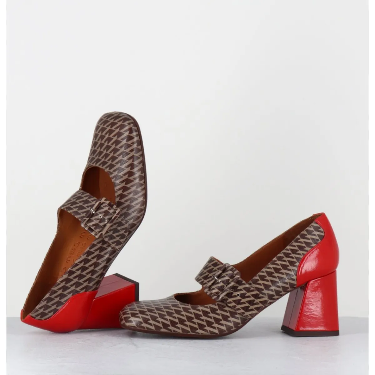 Chaussures^CHIE MIHARA Mary-Jane à talon en cuir imprimé pied-de-poule & talon vernis rouge - SYSA GALLO TESTA