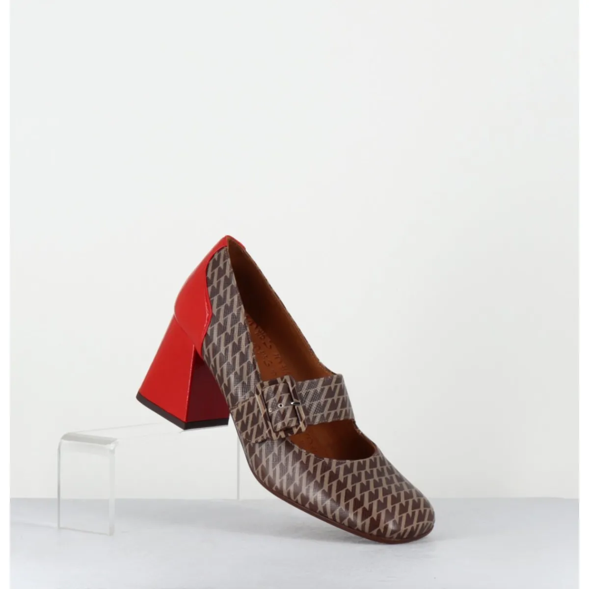 Chaussures^CHIE MIHARA Mary-Jane à talon en cuir imprimé pied-de-poule & talon vernis rouge - SYSA GALLO TESTA