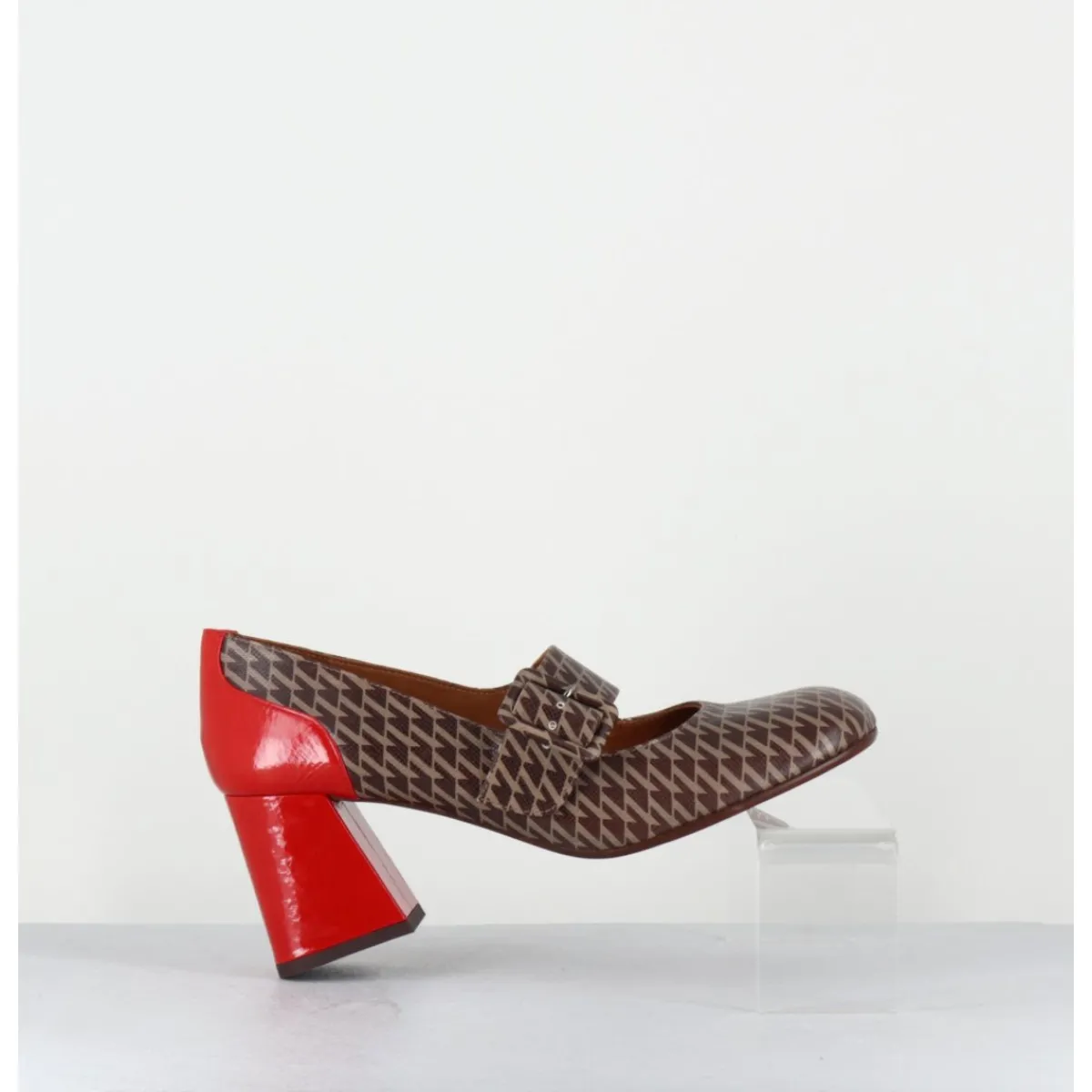 Chaussures^CHIE MIHARA Mary-Jane à talon en cuir imprimé pied-de-poule & talon vernis rouge - SYSA GALLO TESTA