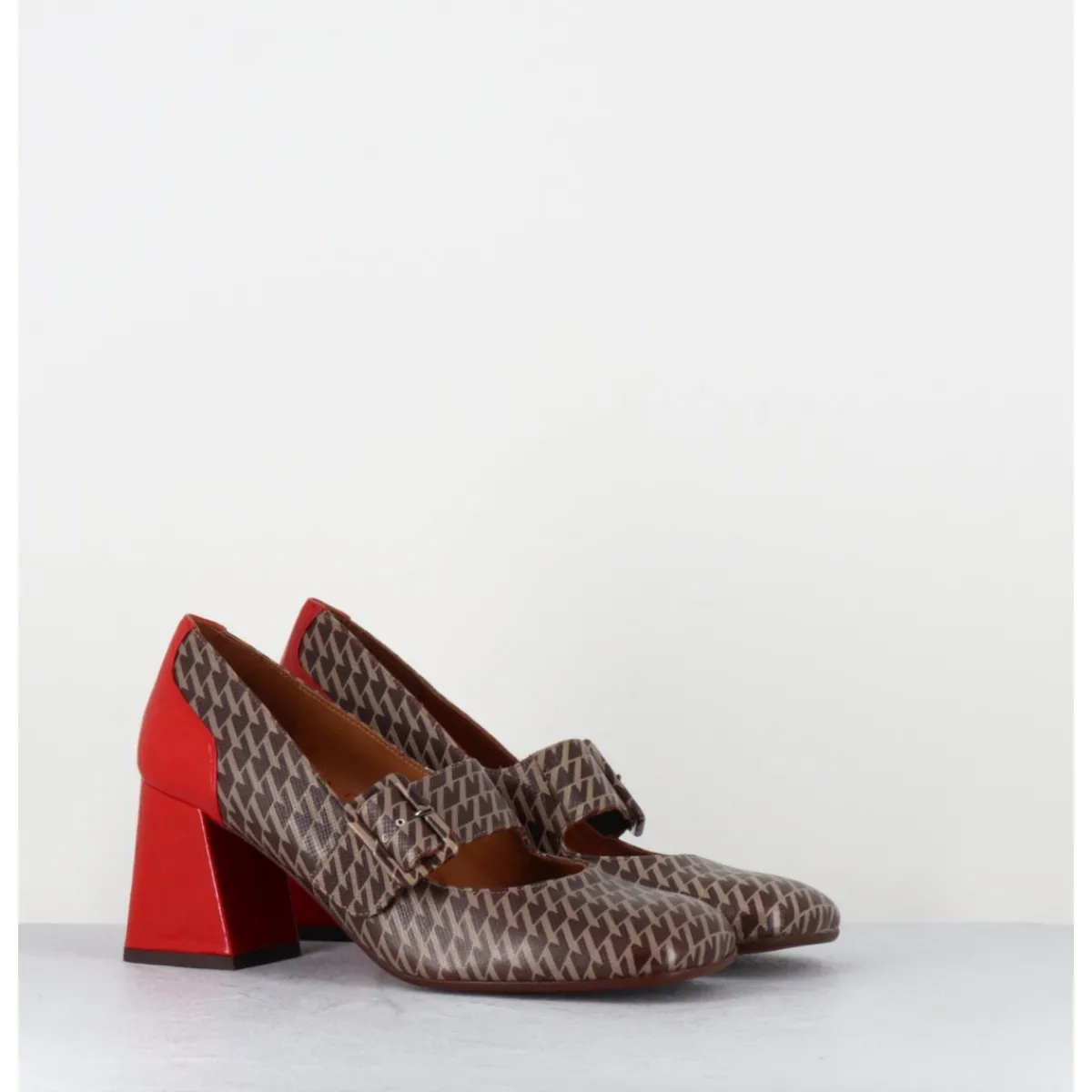 Chaussures^CHIE MIHARA Mary-Jane à talon en cuir imprimé pied-de-poule & talon vernis rouge - SYSA GALLO TESTA