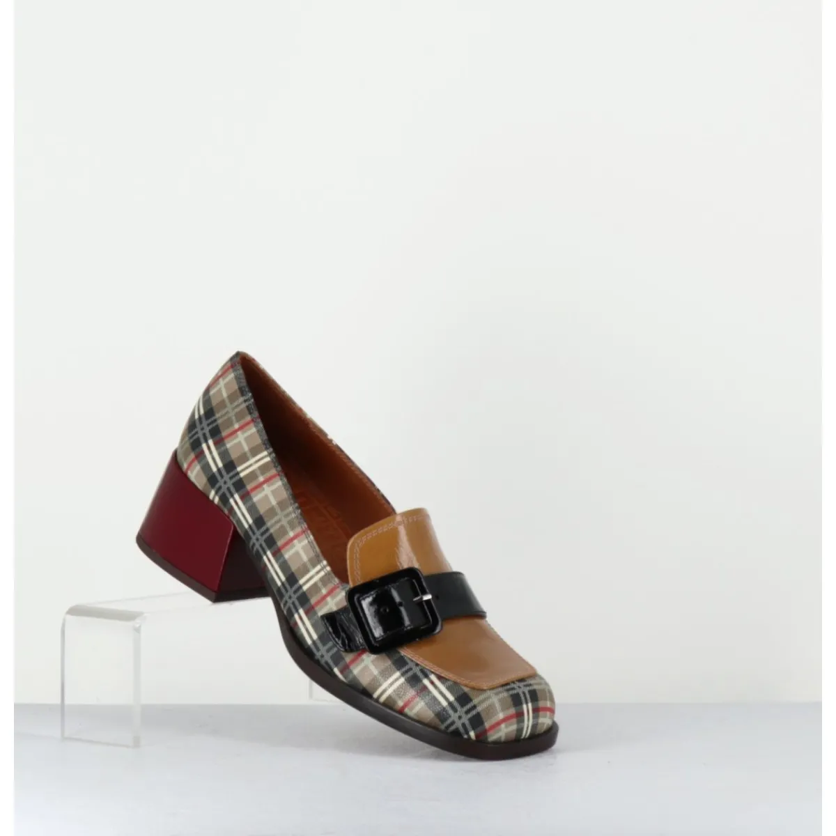 Mocassins | Chaussures^CHIE MIHARA Mocassins à petit talon cuir imprimé tartan & boucle - BUCLE SCOTCH CLASSIC