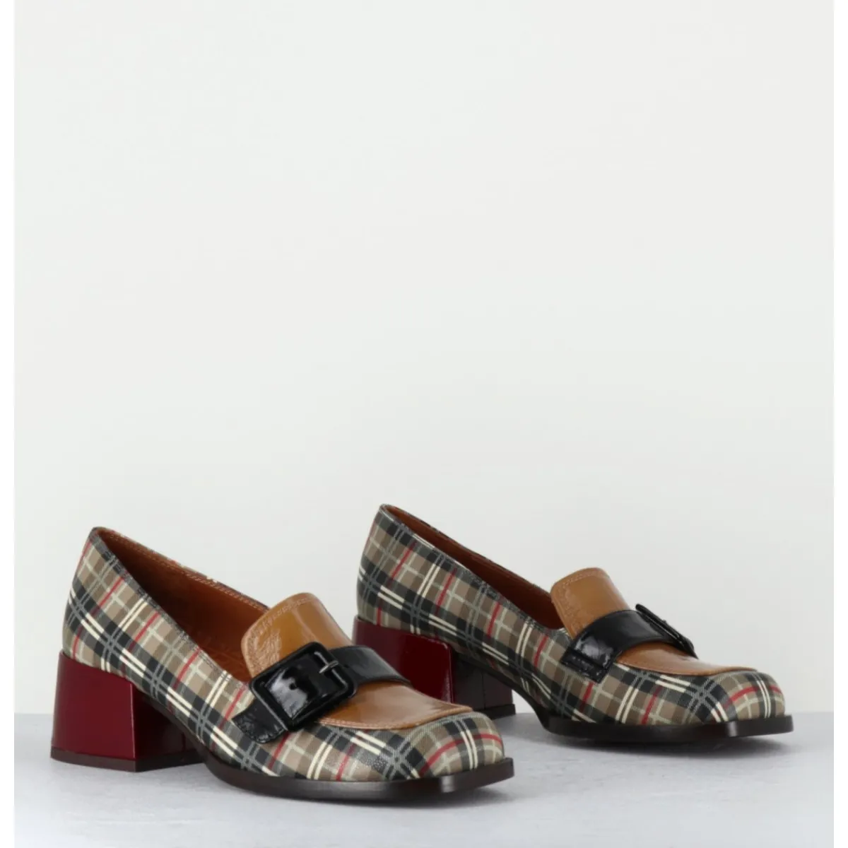 Mocassins | Chaussures^CHIE MIHARA Mocassins à petit talon cuir imprimé tartan & boucle - BUCLE SCOTCH CLASSIC