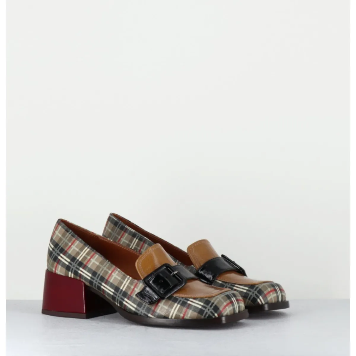 Mocassins | Chaussures^CHIE MIHARA Mocassins à petit talon cuir imprimé tartan & boucle - BUCLE SCOTCH CLASSIC