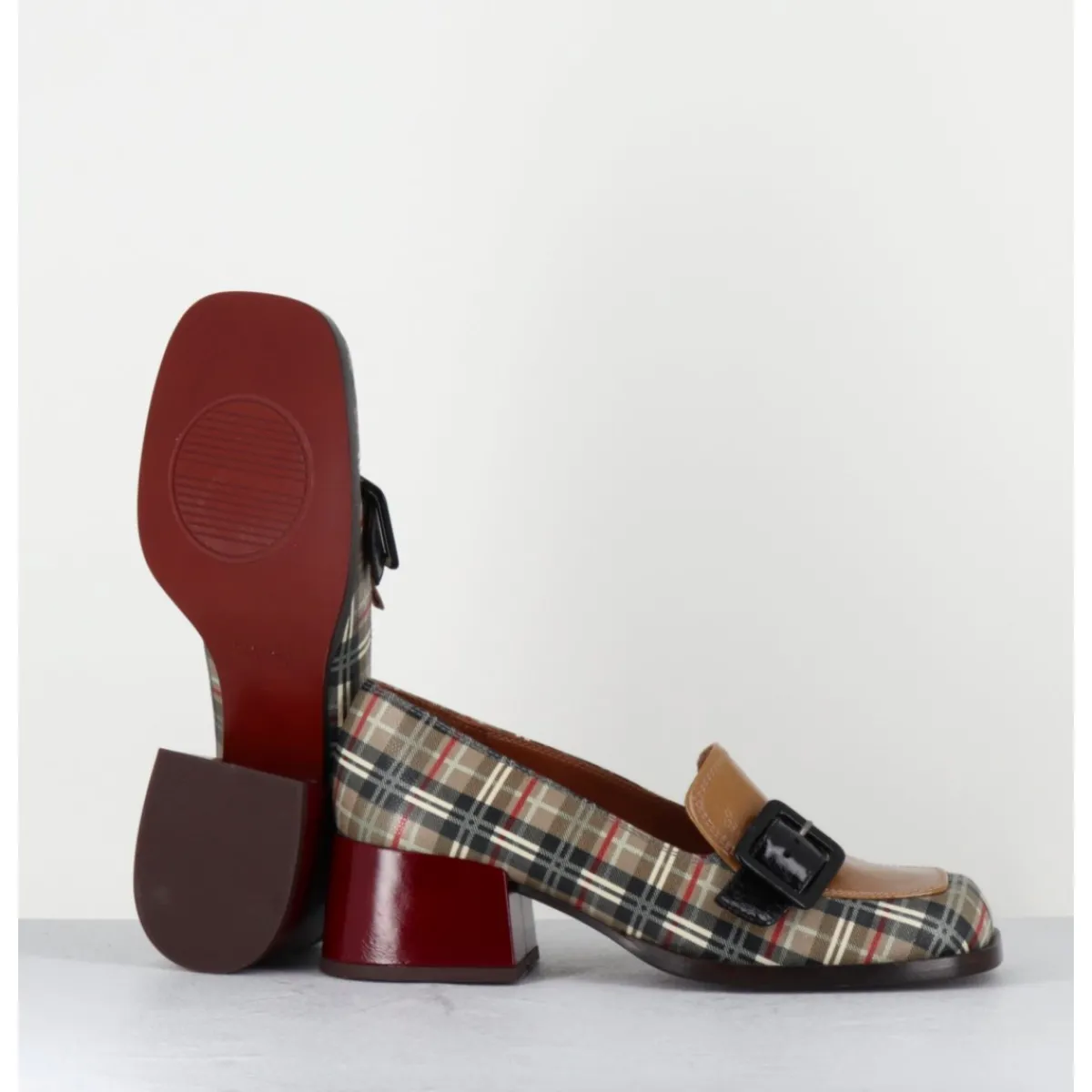 Mocassins | Chaussures^CHIE MIHARA Mocassins à petit talon cuir imprimé tartan & boucle - BUCLE SCOTCH CLASSIC