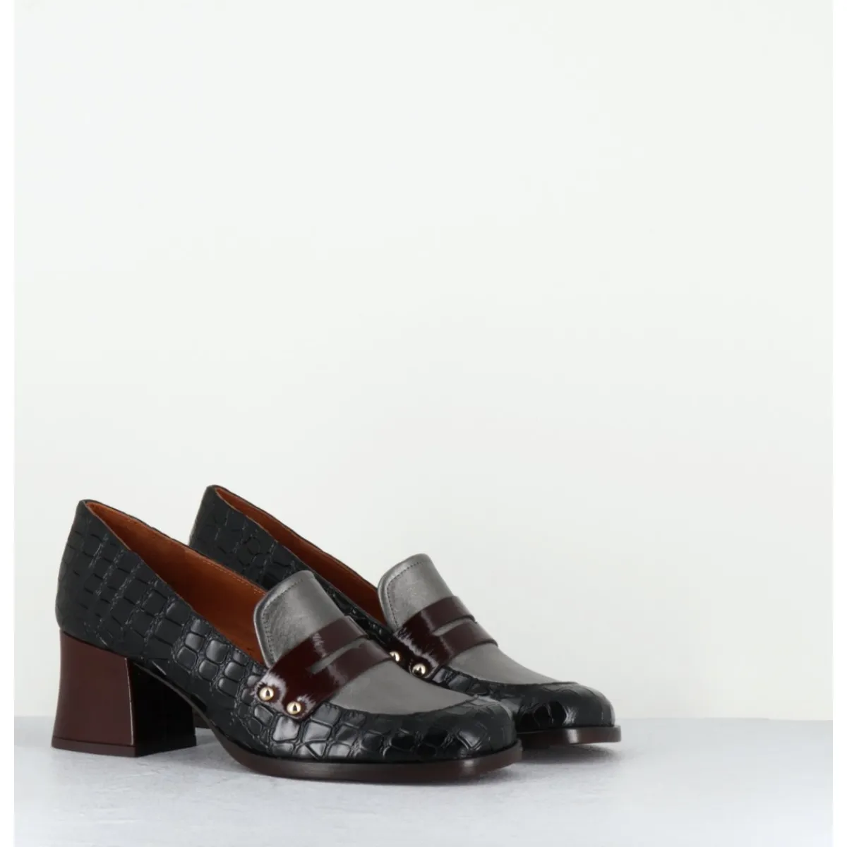 Mocassins | Chaussures^CHIE MIHARA Mocassins petit talon cuir imprimé croco noir - TADEO MONDA NEGRO