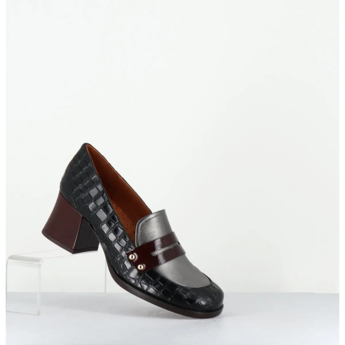 Mocassins | Chaussures^CHIE MIHARA Mocassins petit talon cuir imprimé croco noir - TADEO MONDA NEGRO