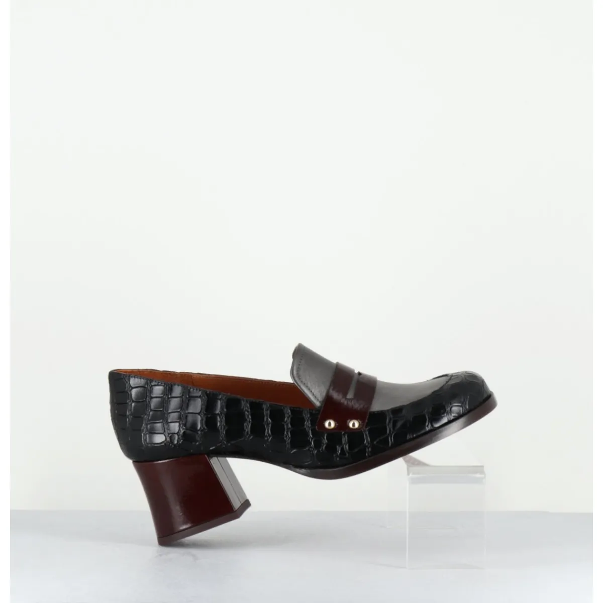 Mocassins | Chaussures^CHIE MIHARA Mocassins petit talon cuir imprimé croco noir - TADEO MONDA NEGRO