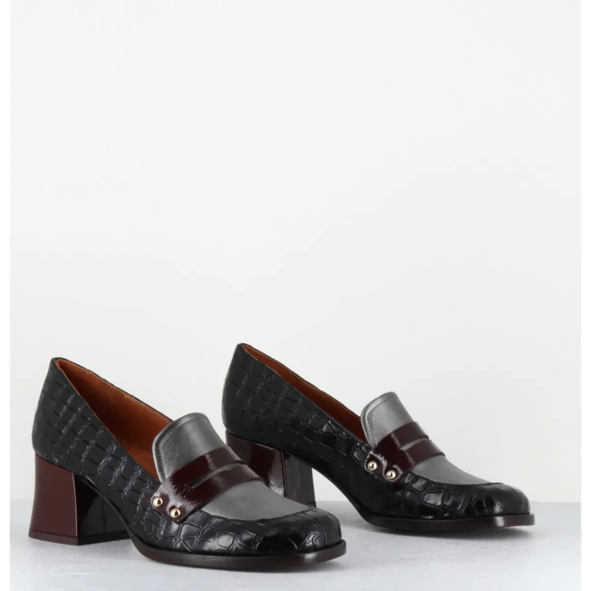 Mocassins | Chaussures^CHIE MIHARA Mocassins petit talon cuir imprimé croco noir - TADEO MONDA NEGRO
