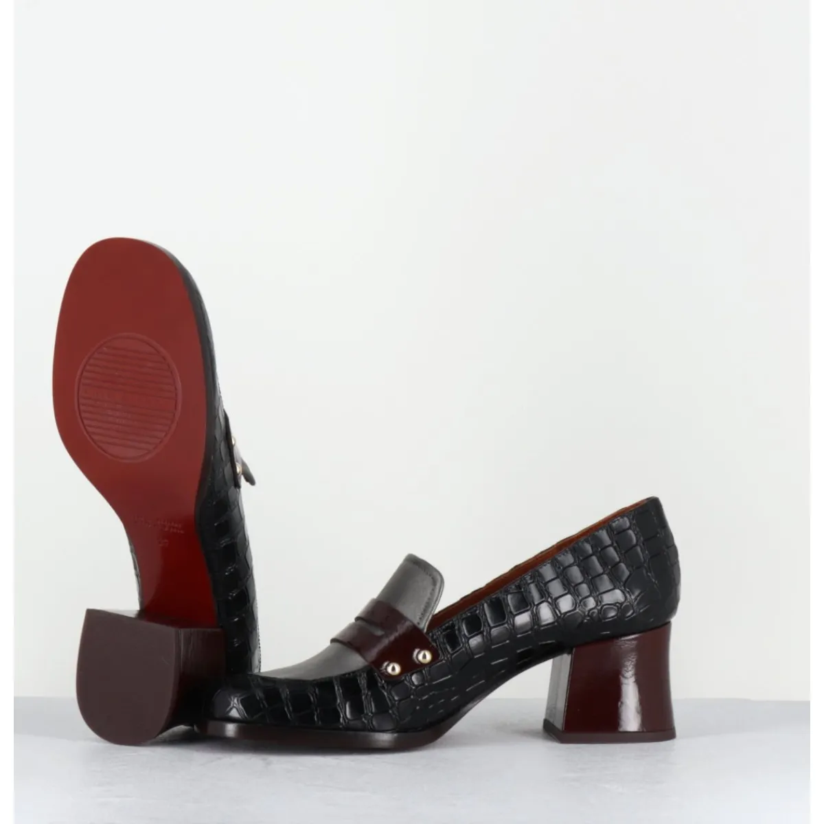 Mocassins | Chaussures^CHIE MIHARA Mocassins petit talon cuir imprimé croco noir - TADEO MONDA NEGRO