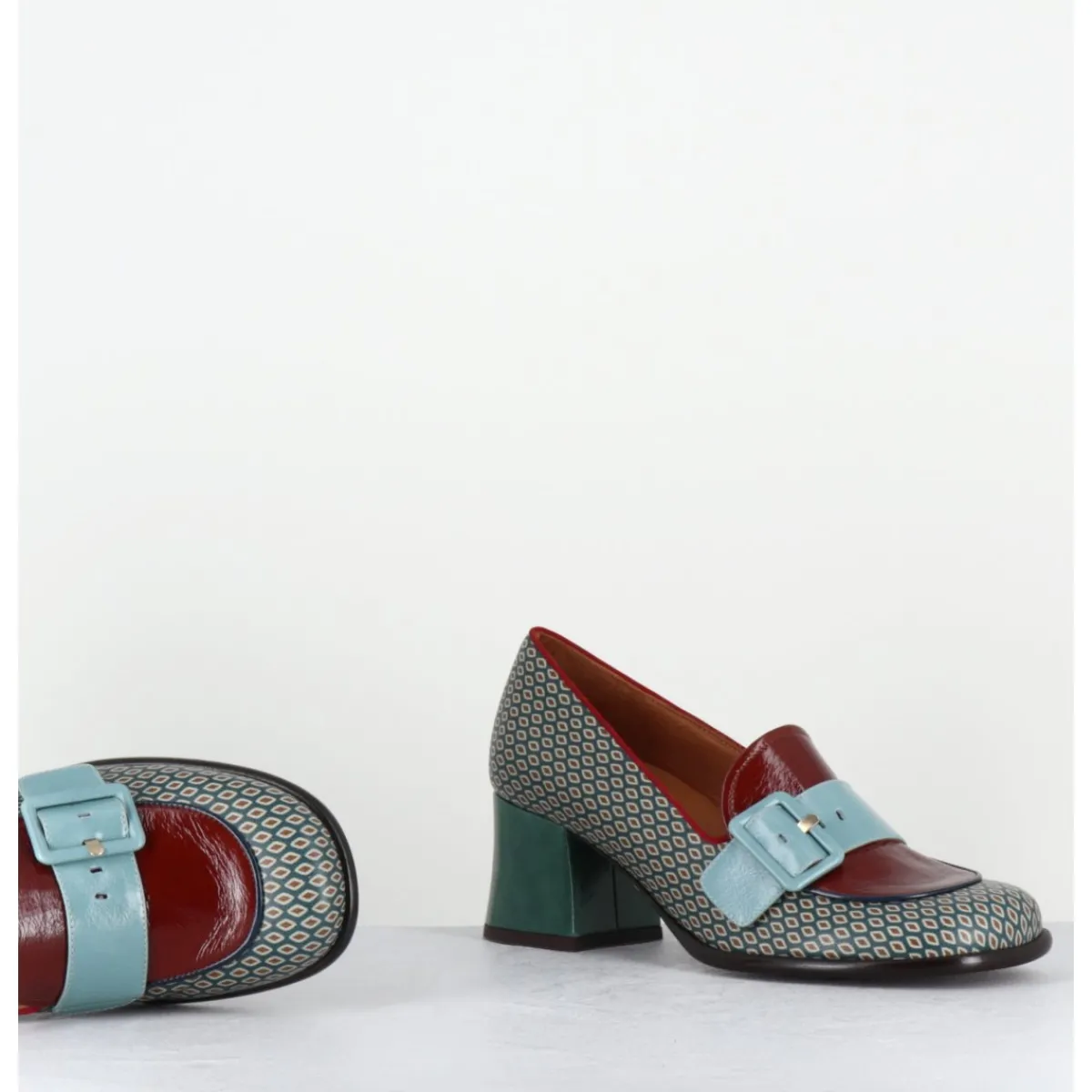 Mocassins | Chaussures^CHIE MIHARA Mocassins petit talon cuir imprimé rétro multi - MEISIN44 SHOWER BLUE