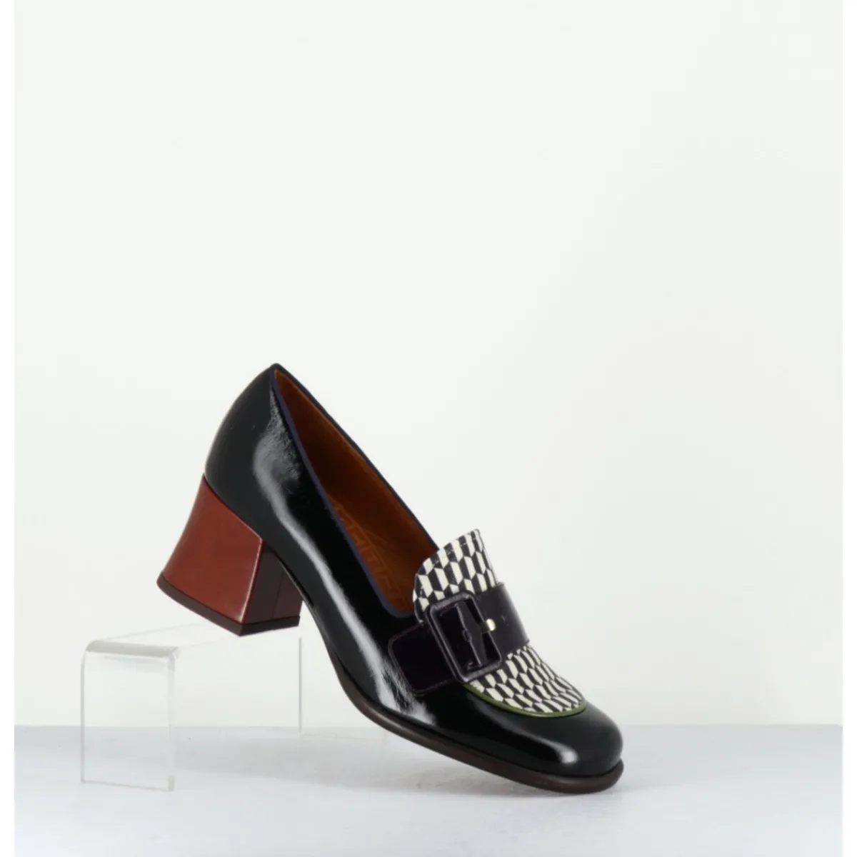 Mocassins | Chaussures^CHIE MIHARA Mocassins petit talon cuir multi & imprimé damier - MEISIN44 MASERATI NEGRO