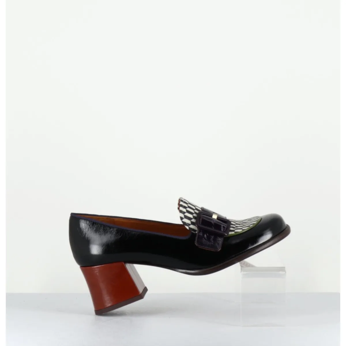 Mocassins | Chaussures^CHIE MIHARA Mocassins petit talon cuir multi & imprimé damier - MEISIN44 MASERATI NEGRO