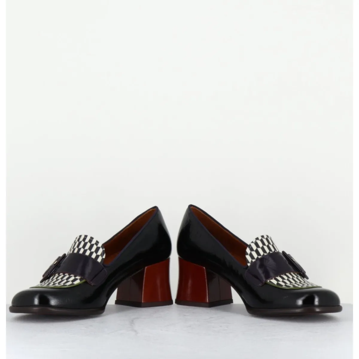 Mocassins | Chaussures^CHIE MIHARA Mocassins petit talon cuir multi & imprimé damier - MEISIN44 MASERATI NEGRO