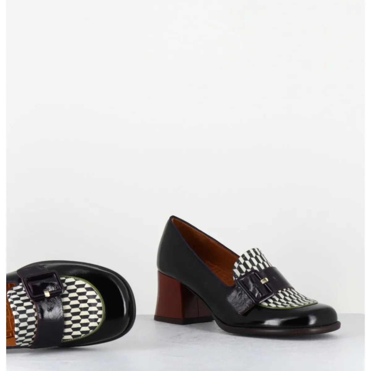 Mocassins | Chaussures^CHIE MIHARA Mocassins petit talon cuir multi & imprimé damier - MEISIN44 MASERATI NEGRO