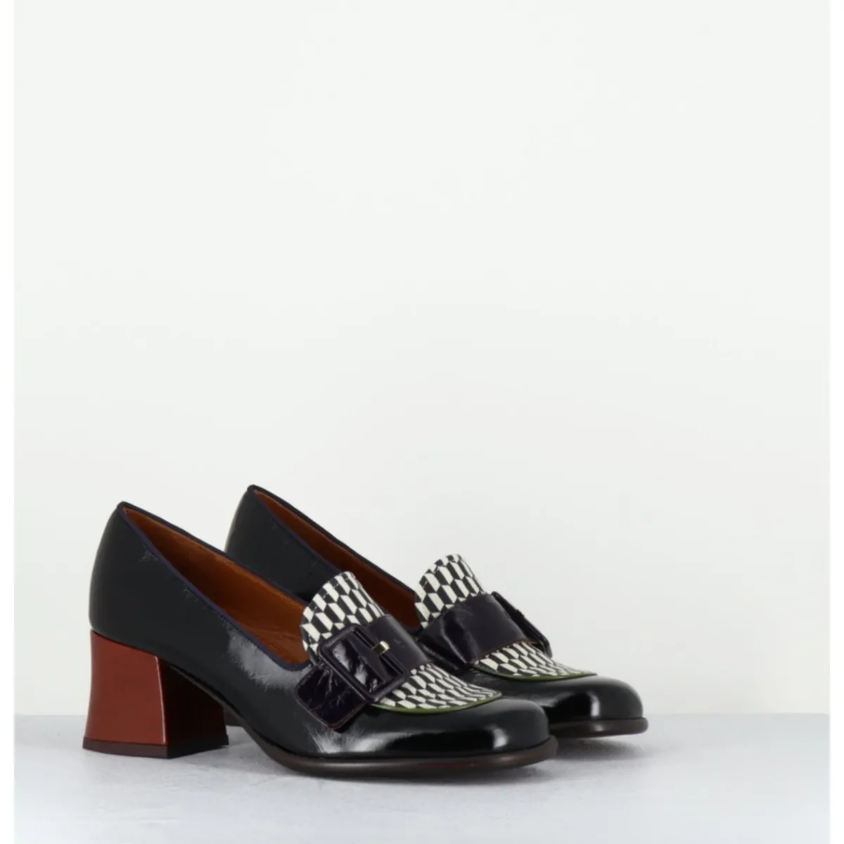 Mocassins | Chaussures^CHIE MIHARA Mocassins petit talon cuir multi & imprimé damier - MEISIN44 MASERATI NEGRO