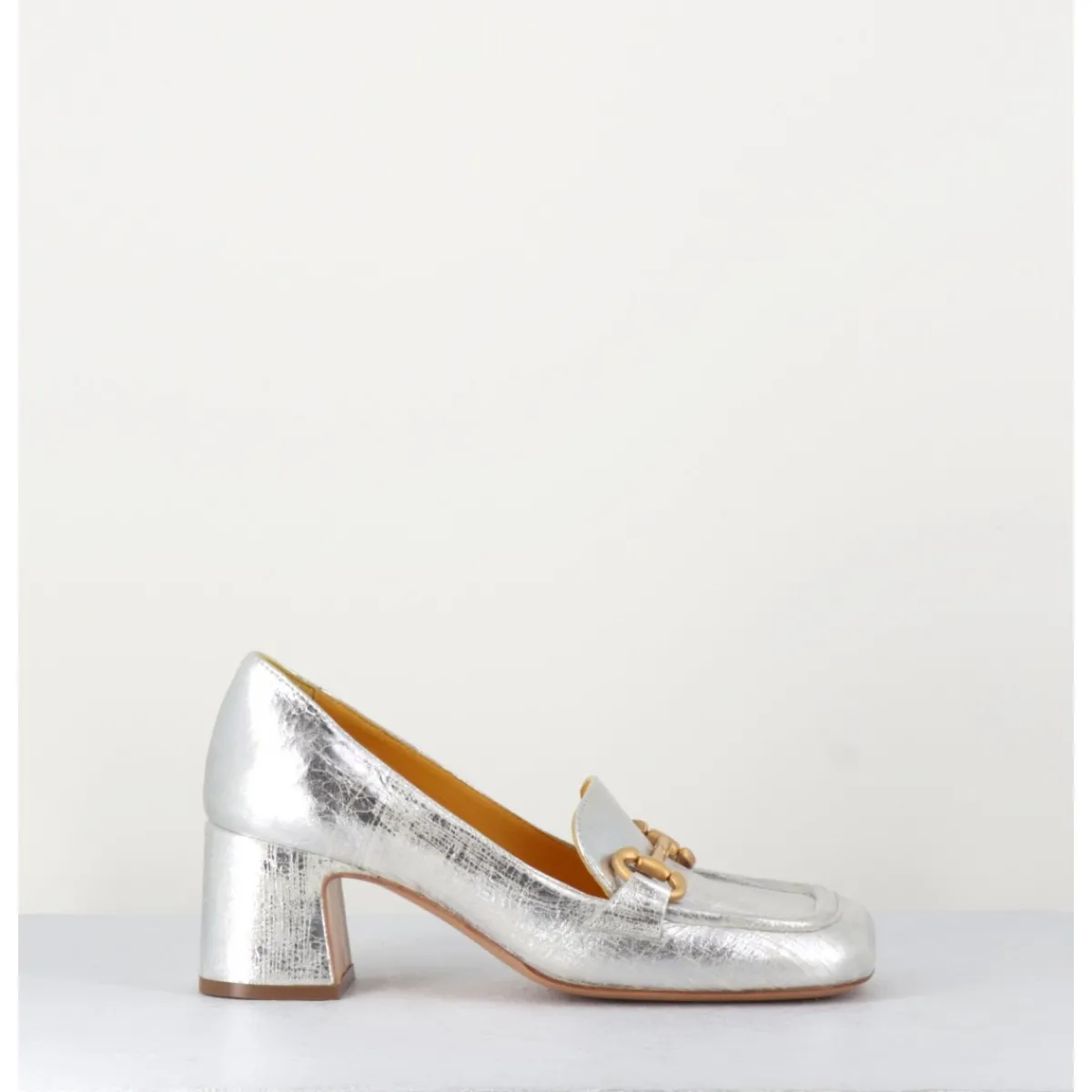 Mocassins^MARA BINI Mocassins petit talon en cuir & mors doré - Q167 VINTAGE SILVER ARGENT