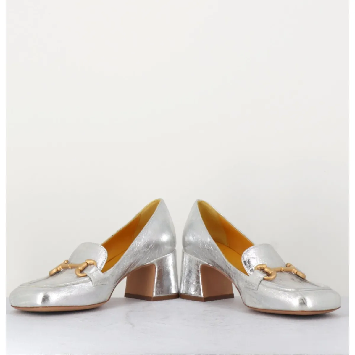 Mocassins^MARA BINI Mocassins petit talon en cuir & mors doré - Q167 VINTAGE SILVER ARGENT