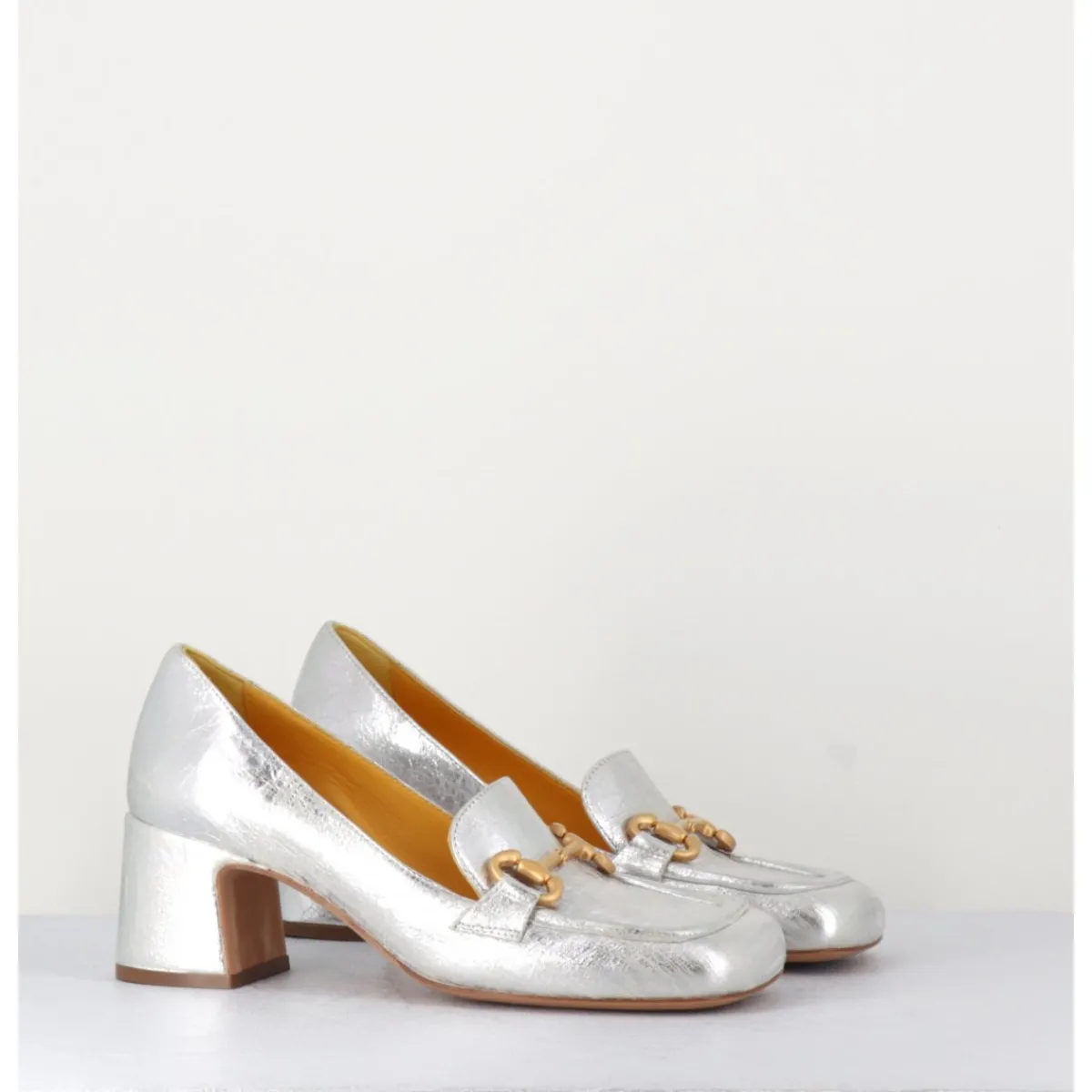 Mocassins^MARA BINI Mocassins petit talon en cuir & mors doré - Q167 VINTAGE SILVER ARGENT